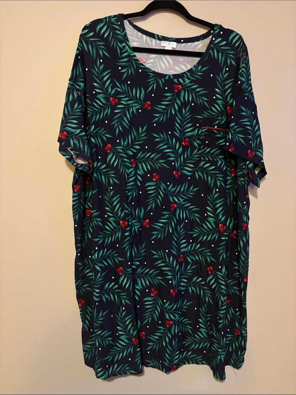 LuLaRoe Navy Nightgown with Green Leaf and Red Berry Print NWOT
